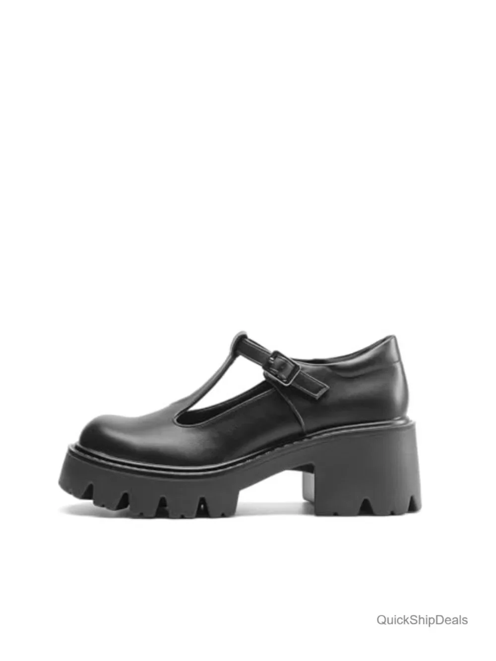 Faux Leather T-Strap Mary Jane Platform Pumps with Lug Sole Heels